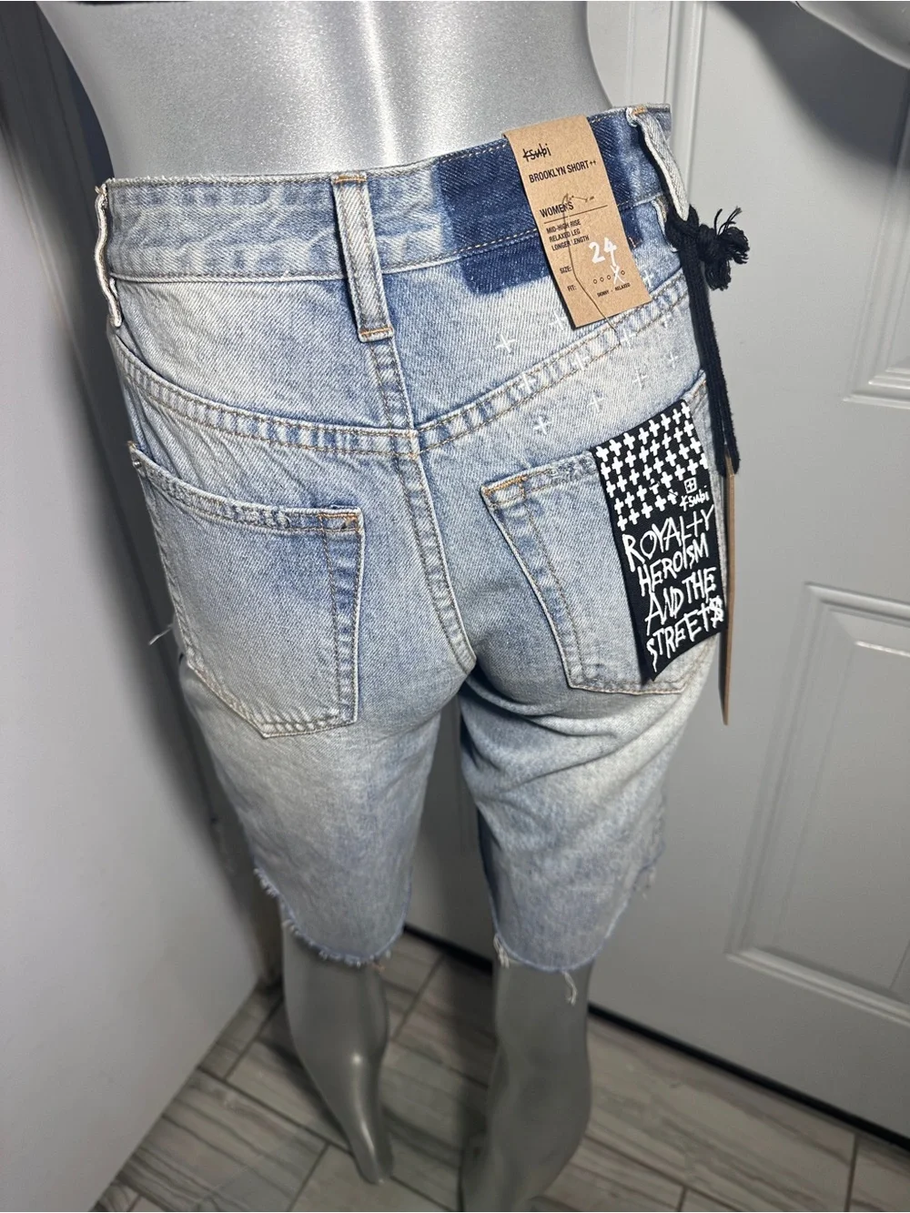 Ksubi Brooklyn Ripped Denim Bermuda Shorts 24 Blue Relaxed Mid Rise Long Jorts
